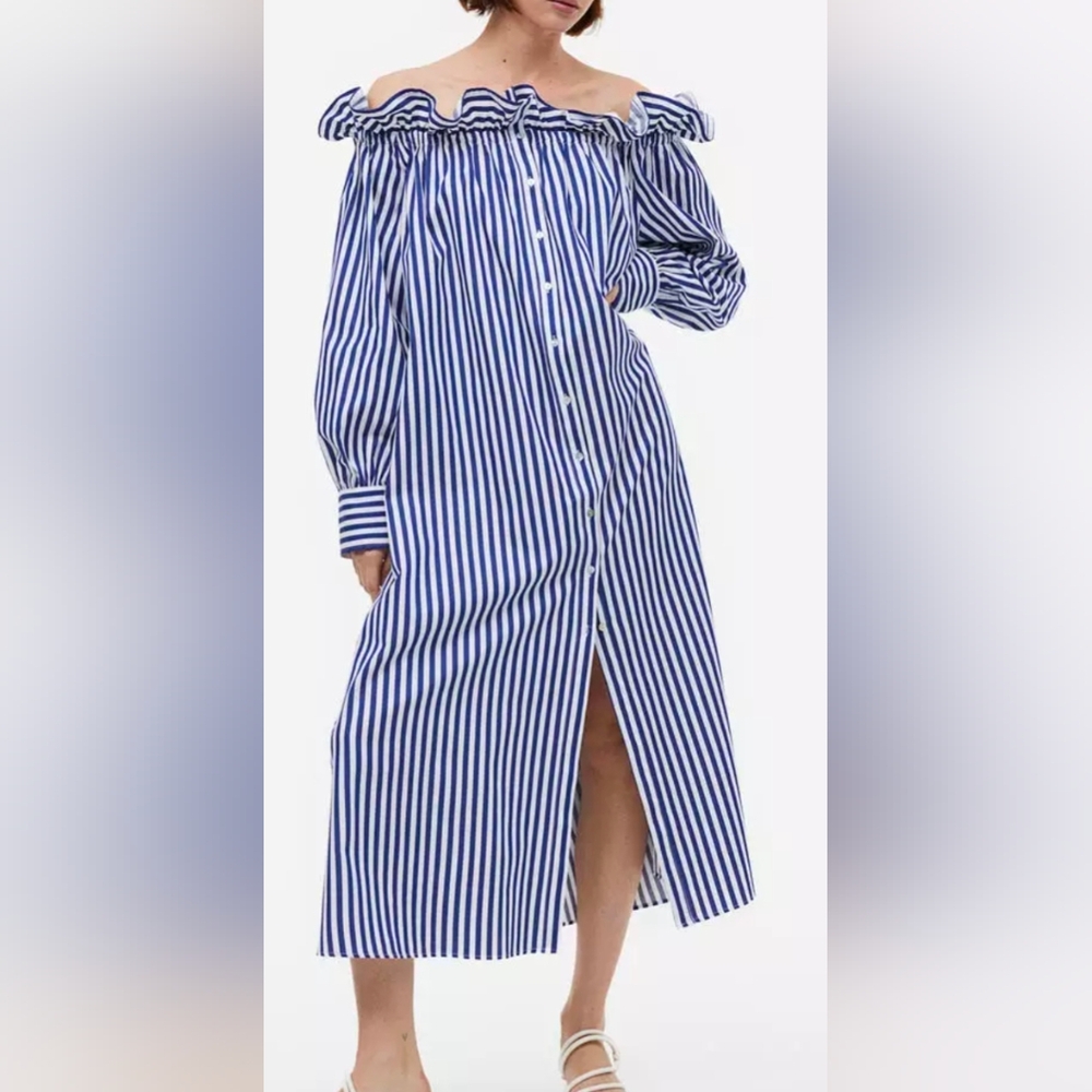 H&M DRESS NWT Off-Shoulder Ruffle Dress Sz XS Navy Blue & White Stripes